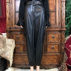 Culpos High Waist Deep Black Faux Leather Cargo Jogger